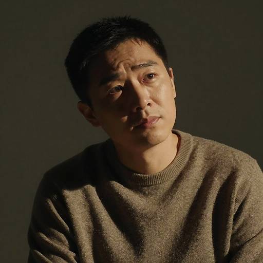 Photograph of a middle-aged Asian man with short black hair, wearing a brown sweater, illuminated from the left, against a dark background. His expression