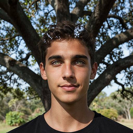 Photograph of a young man with olive skin, dark curly hair, green eyes, and black shirt, standing outdoors with a large tree in the background