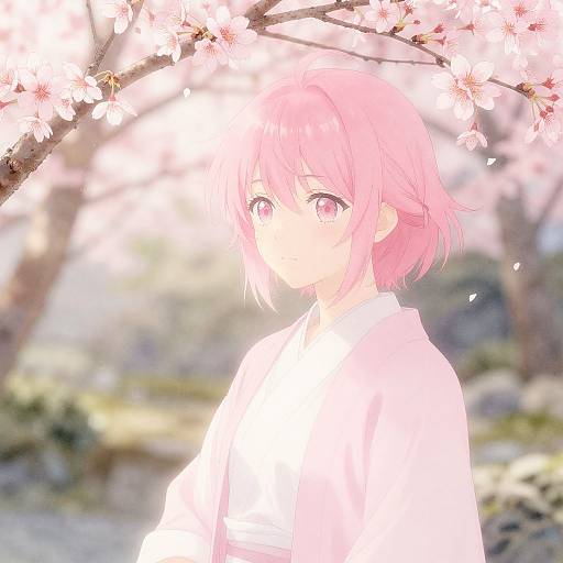 Anime-style digital illustration of a pink-haired girl with large pink eyes, wearing a white kimono, standing under blooming cherry blossoms. Bright sunlight