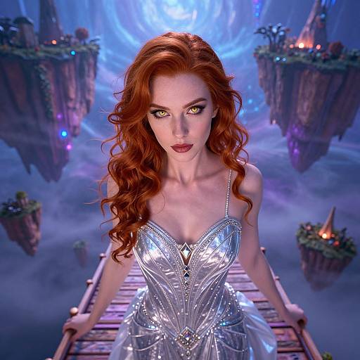 Fantasy Woman with Golden Eyes on Floating Bridge