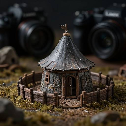 Photograph of a detailed, small, rustic, stone hut with a thatched roof, surrounded by a wooden fence, on mossy ground, with