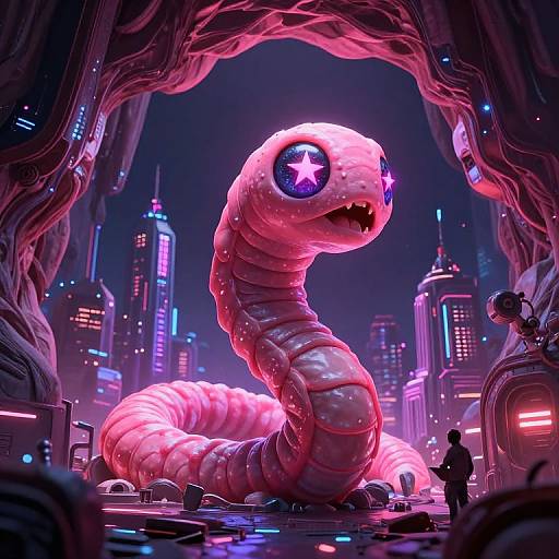 Digital art of a neon-lit, sci-fi cityscape with a giant, pink, segmented worm with glowing star eyes, framed by futuristic buildings and