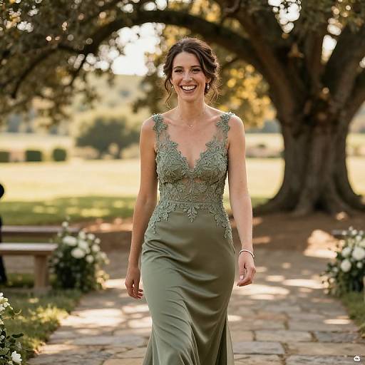 Photograph of a smiling woman in an olive-green, lace-embellished, sleeveless gown walking on a sunlit, stone path, with