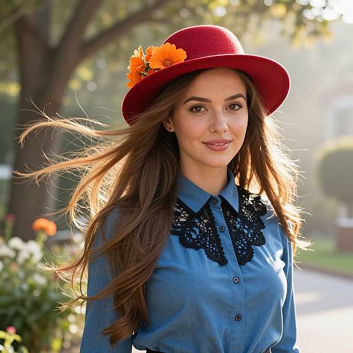 Photograph of a smiling woman with long brown hair, wearing a red hat with orange flowers, blue lace-trimmed shirt, standing in a sun