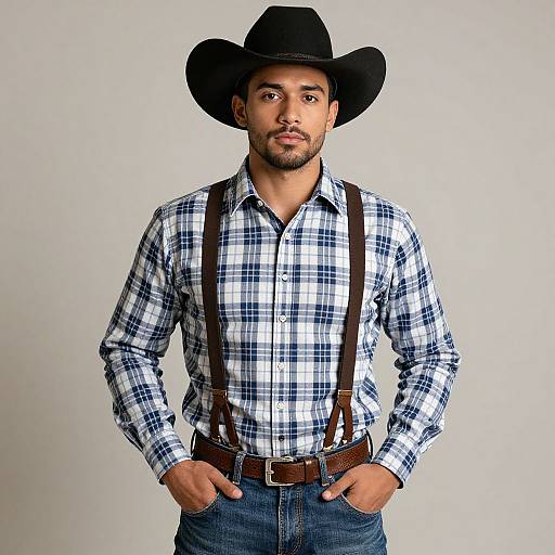 Photograph of a handsome, bearded man in a black cowboy hat, white and blue plaid shirt, dark suspenders, and blue jeans,