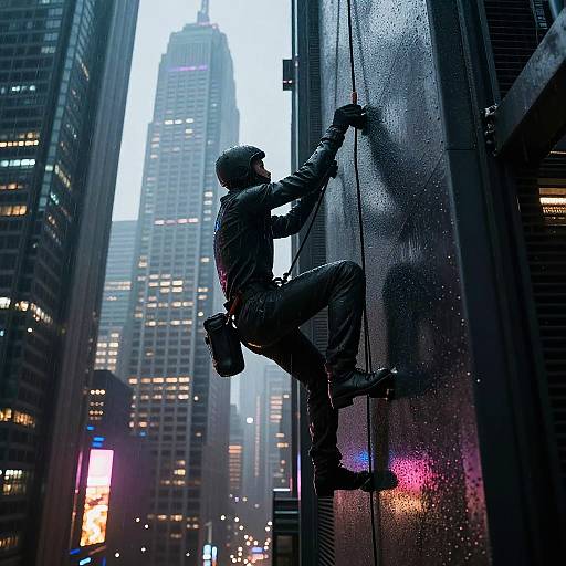 Photograph of a silhouetted window washer in a dark suit and hard hat, clinging to a wet skyscraper during dusk in a bustling,