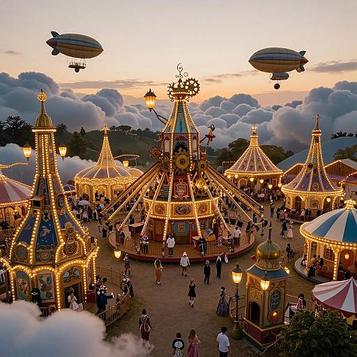 Photograph of a brightly lit, whimsical carnival at sunset with three zeppelins, adorned circus tents, crowded pathways, and a sky filled