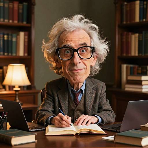 Photograph of an elderly man with white hair, black-rimmed glasses, and a brown suit, writing in a book while seated at a desk