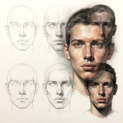 Digital art collage of five face sketches: one detailed, colored, and central; four black-and-white, unfinished sketches in background.