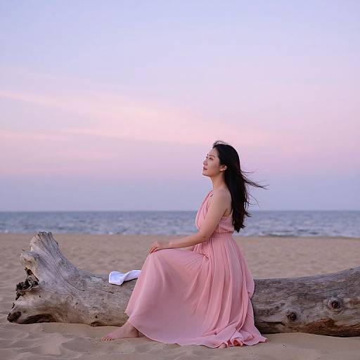 Photograph of a woman with long black hair, wearing a flowing pink dress, sitting on a driftwood log on a beach at sunset, with the