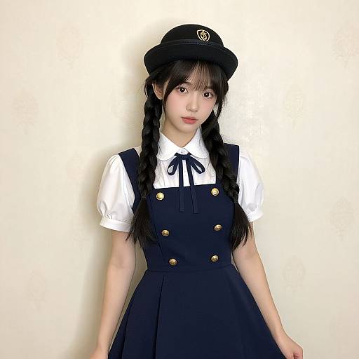 Photograph of an Asian woman with long black braided hair, wearing a black cap, white shirt, navy pinafore dress with gold buttons,