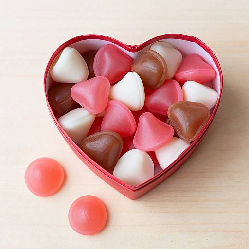 Photograph of a red heart-shaped box filled with pink, white, and brown heart-shaped candies, with two loose red candies on a light wooden surface