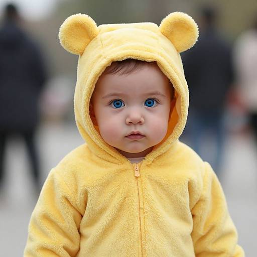 Photograph of a cute baby with blue eyes wearing a yellow bear hoodie with bear ears, standing in a blurred outdoor setting.