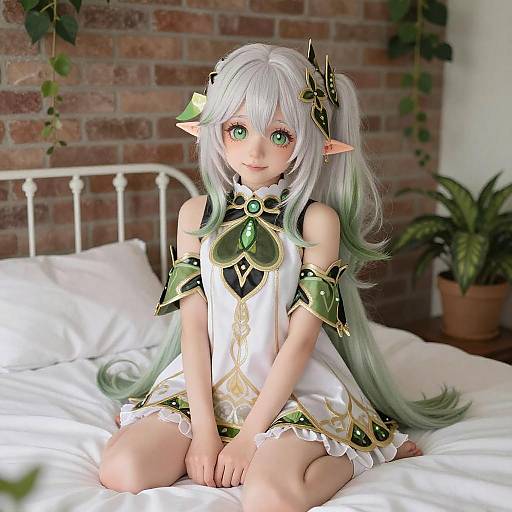 Anime Elf Girl on White Bed