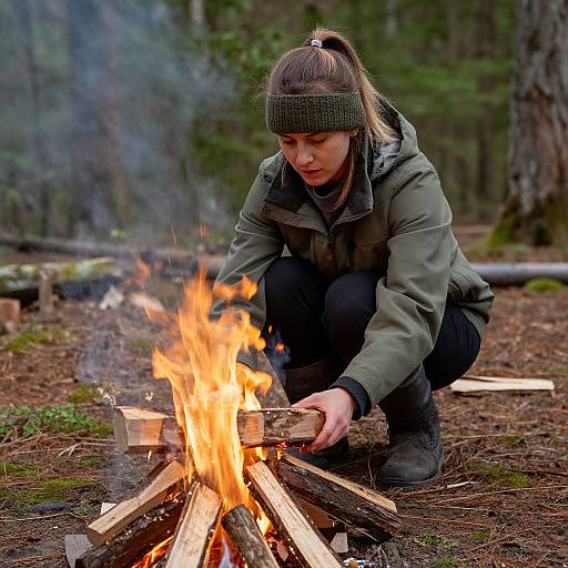 Woman Gathering Firewood in Forest