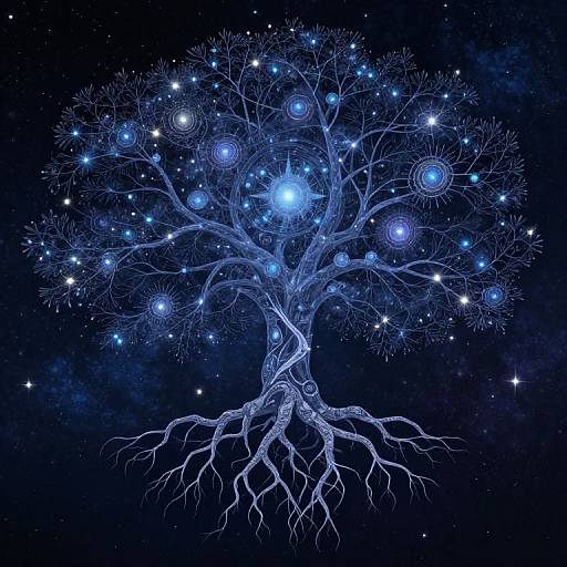 Digital artwork of a glowing, ethereal tree with luminous blue orbs on branches, set against a dark, starry night sky.