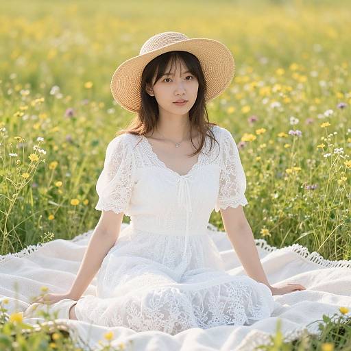 Asian woman in white lace dress and straw hat, sitting on white blanket in sunlit field of yellow wildflowers. Photograph.