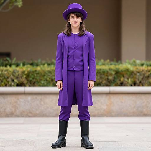 Photograph of a young woman with fair skin, dark brown hair, wearing a purple outfit, including a long coat, pants, hat, and black