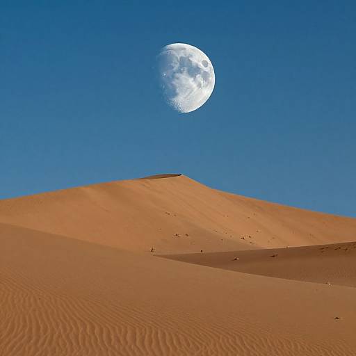 Photograph of a bright full moon above a vast, orange desert dune under a clear, vivid blue sky.