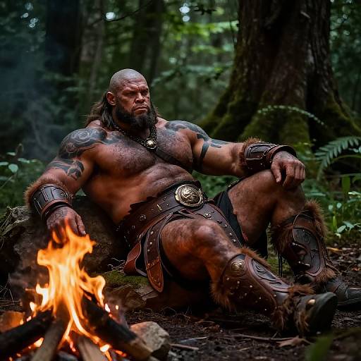 Photograph: Muscular, tattooed, bald bearded man with fur and leather tribal warrior attire sits by a campfire in a dense forest,