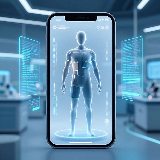 Digital illustration of a humanoid figure in a glowing blue hologram on a smartphone screen, surrounded by futuristic blue data overlays in a high-tech lab setting.
