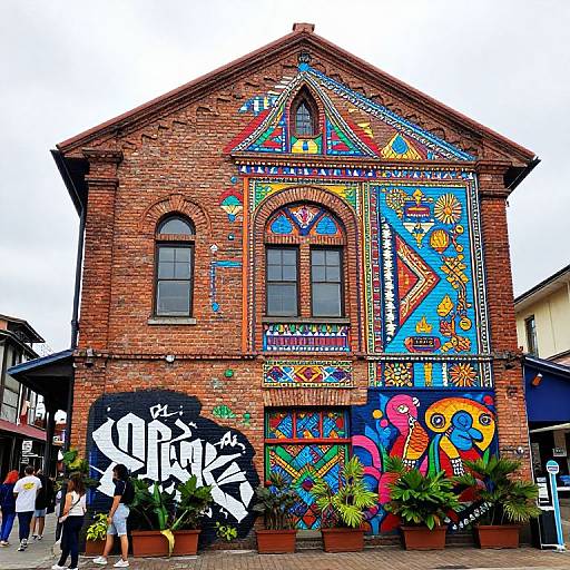 Vibrant brick building with colorful, intricate street art mural featuring geometric patterns, abstract shapes, and bold colors, flanked by potted plants and