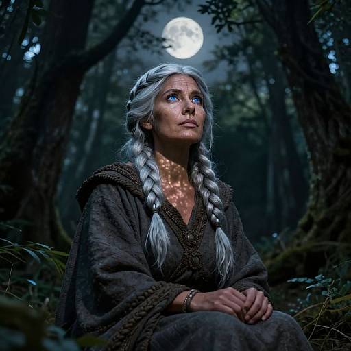 Digital fantasy artwork of a woman with long silver braided hair, blue eyes, and a brown medieval dress, gazing at a full moon in a
