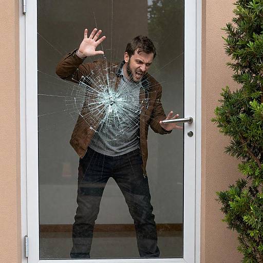 Man Breaking Through Shattered Glass Door