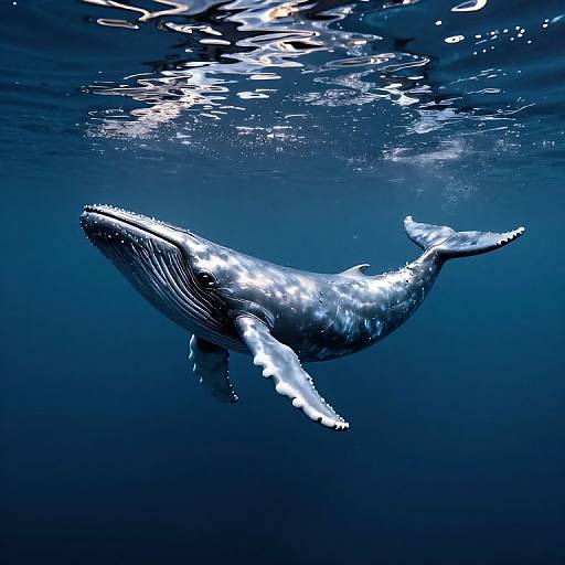 Photograph of a majestic blue whale swimming underwater, illuminated by sunlight reflecting on the dark blue ocean surface.