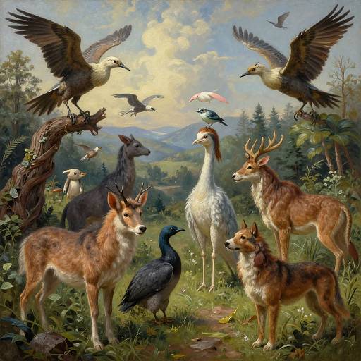 Digital painting of a vibrant forest scene with deer, birds, and a raven, set against a bright, cloudy sky. Detailed, realistic style.