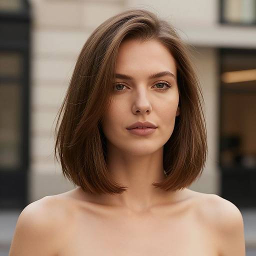 Photograph of a young woman with straight, shoulder-length brown hair, fair skin, and neutral expression, standing outdoors against a blurred urban background. She