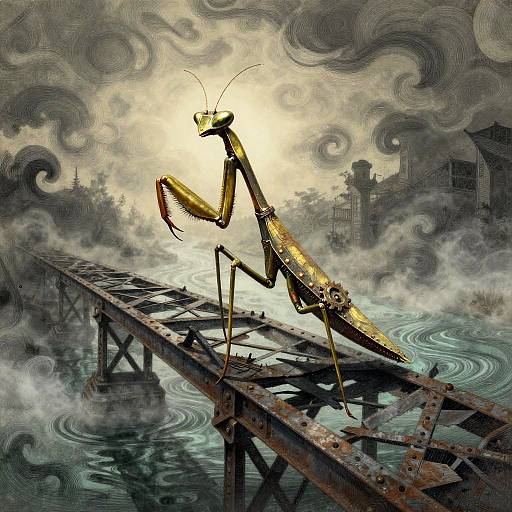 Digital illustration of a metallic, yellow-hued praying mantis standing on a rusted, wooden pier amidst swirling, cloudy smoke with a glowing sun behind
