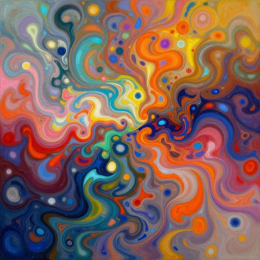 Abstract digital painting with swirling, colorful waves in vibrant shades of red, orange, blue, yellow, and green, creating a dynamic, psychedelic effect.
