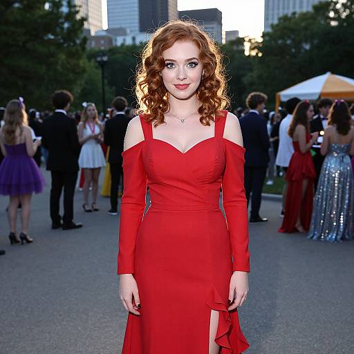Photograph of a red-haired woman with curly hair in a vibrant red off-the-shoulder dress, standing in a crowded outdoor evening event, surrounded