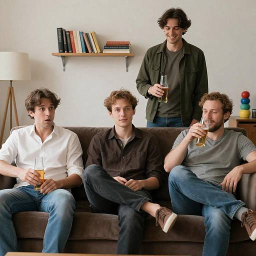 Four Men Relaxing with Beers on Sofa