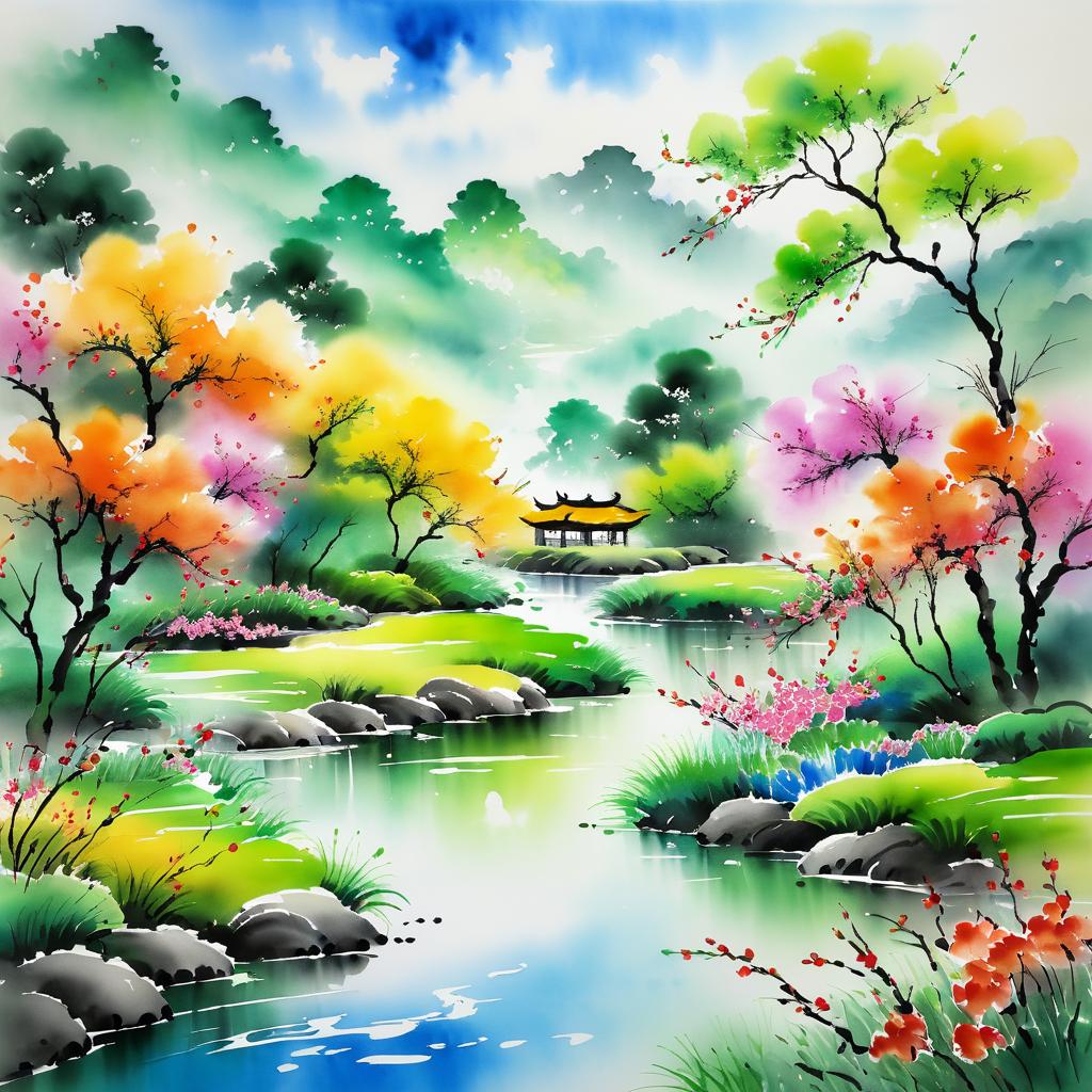 Joyful River Scene in Traditional Brush Style