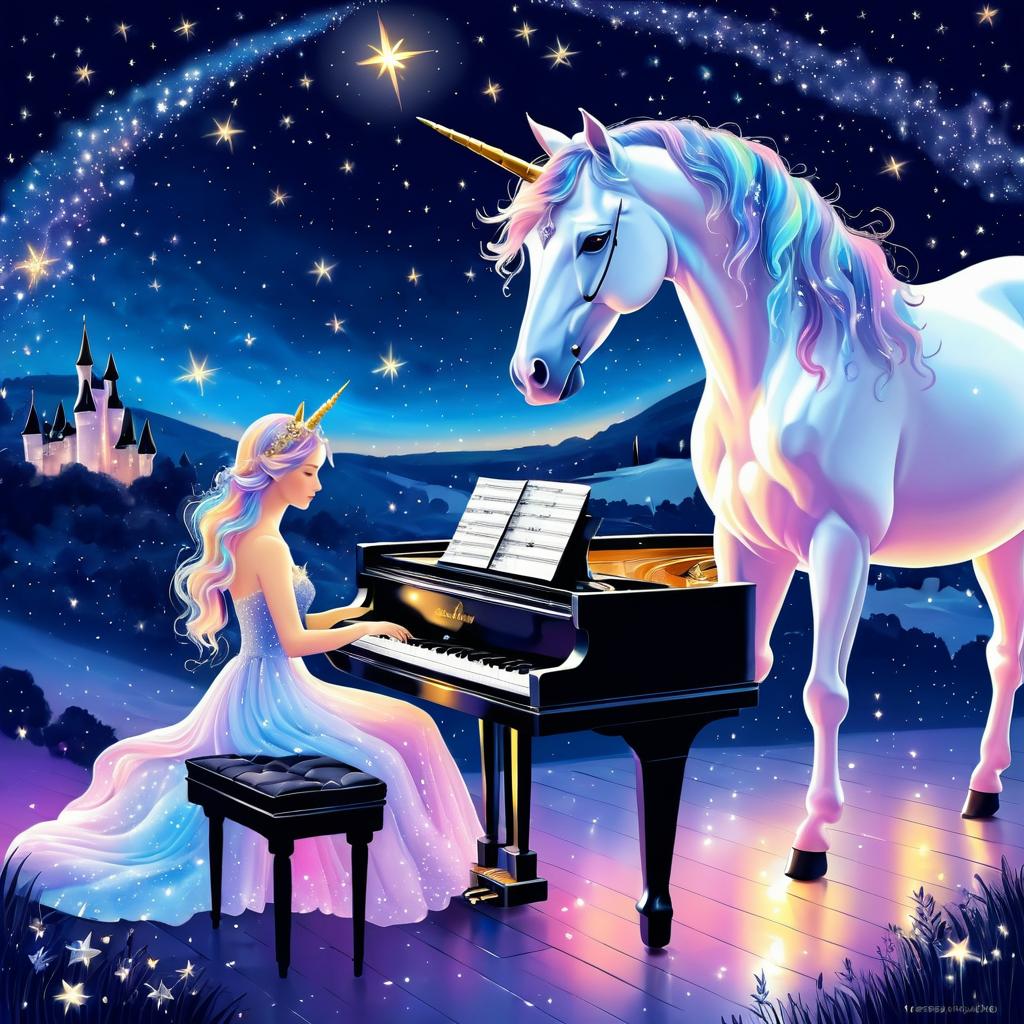 Magical Unicorn Playing Piano Under Stars