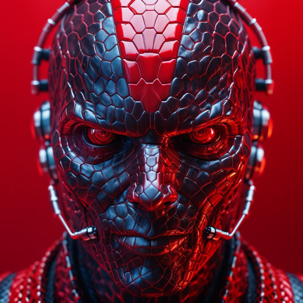 Sweaty Cyborg Portrait on Red Background