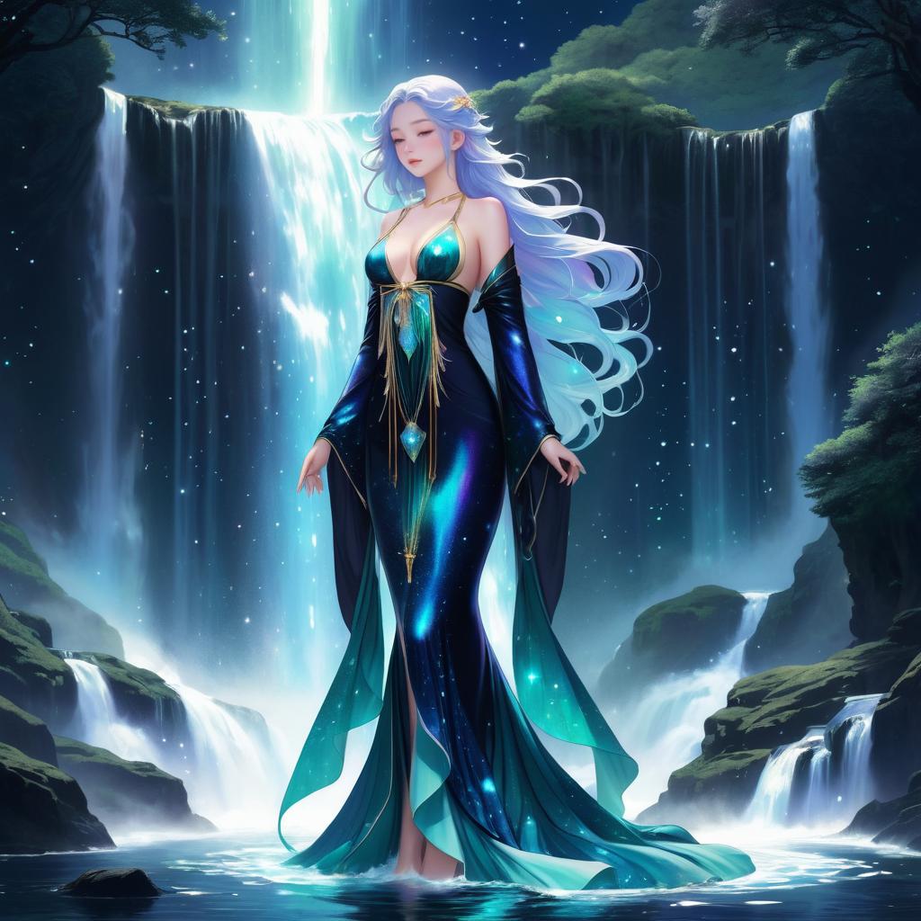 Celestial Goddess Under Cascading Waterfall