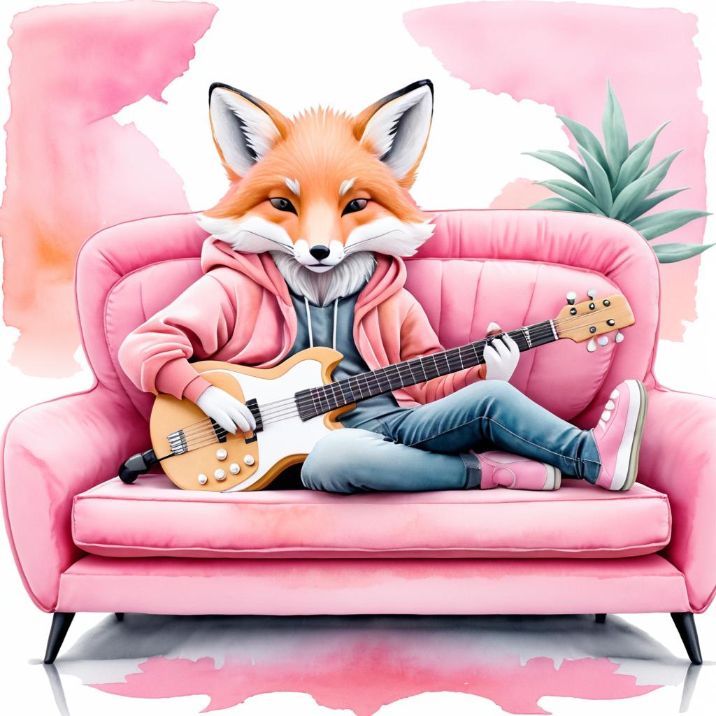 Whimsical Fox Playing Guitar on Couch