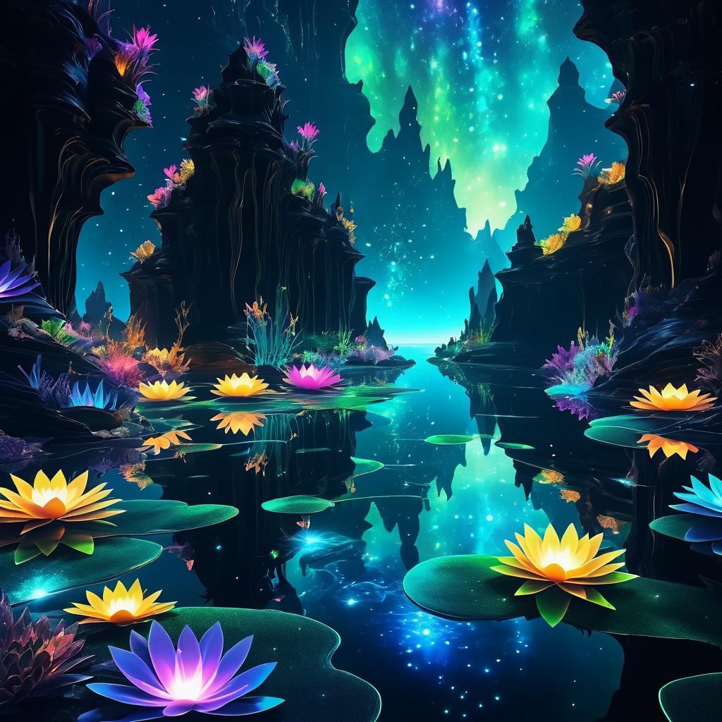 Magical Lagoon with Shimmering Algae and Beetles