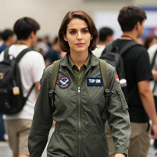 Photograph of a serious-looking woman in a green military-style jumpsuit with 