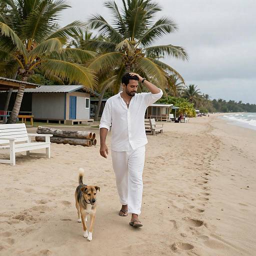 Relaxed Man and Dog on Tropical Beach