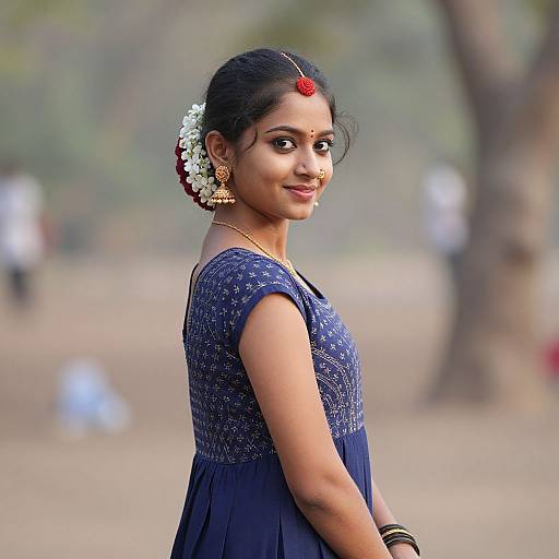 Photograph of a smiling Indian woman with dark hair, red bindi, floral headpiece, and blue dress, standing outdoors, blurred background.