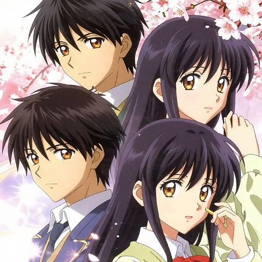 Digital anime-style illustration of four characters with black hair and amber eyes, wearing school uniforms, against a cherry blossom background.