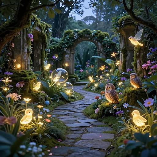 Enchanting nighttime garden scene with glowing fairy lights, luminescent butterflies, owl statues, and a stone pathway leading to an archway, surrounded