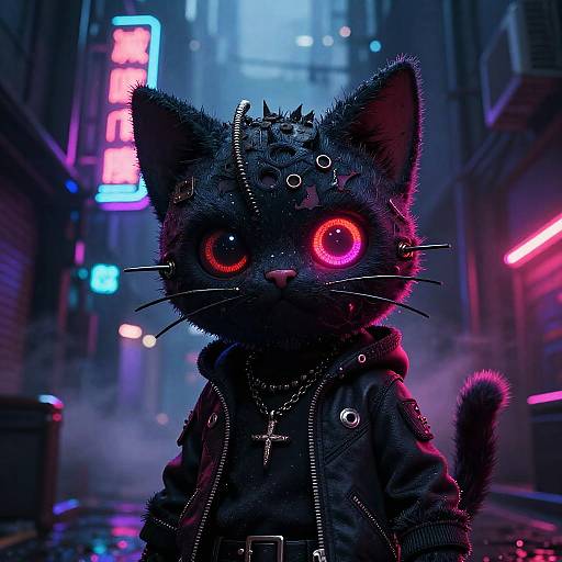 Neon-lit cyberpunk alley featuring a black, glowing-eyed, furry cat in a leather jacket with cyber accessories, standing alert.