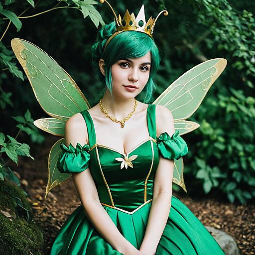 Photograph of a young woman with green hair, fairy wings, and a gold crown, wearing a green, off-shoulder dress, seated in