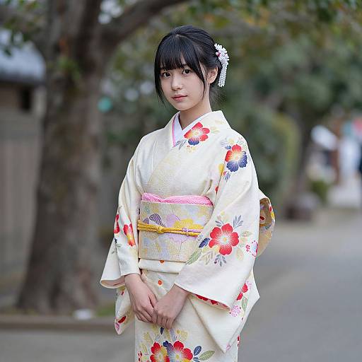 Photograph of a young Japanese woman in a white floral kimono with a pink and yellow obi, black hair in a bun with a white flower