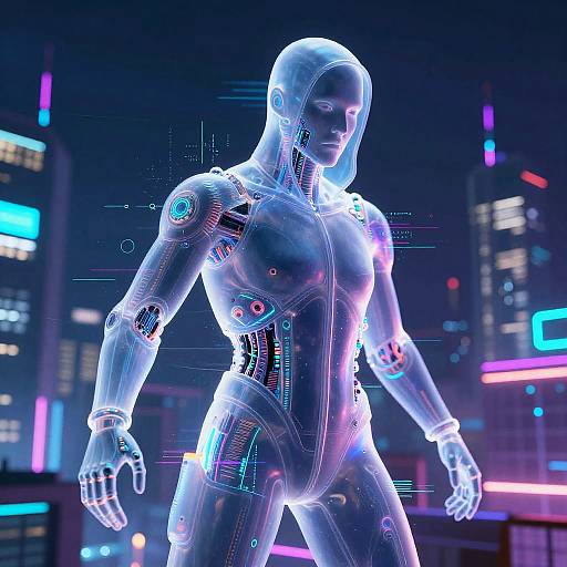 Neon-lit CGI of a futuristic, transparent humanoid robot with glowing circuitry, standing confidently in a cyberpunk cityscape.